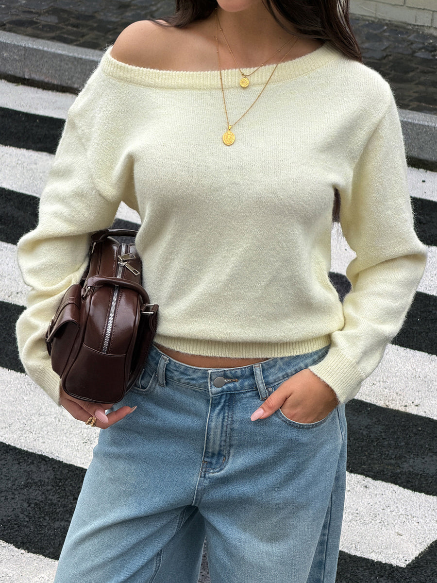 Solid Color Loose Long Sleeves One-shoulder Sweater Tops Pullovers