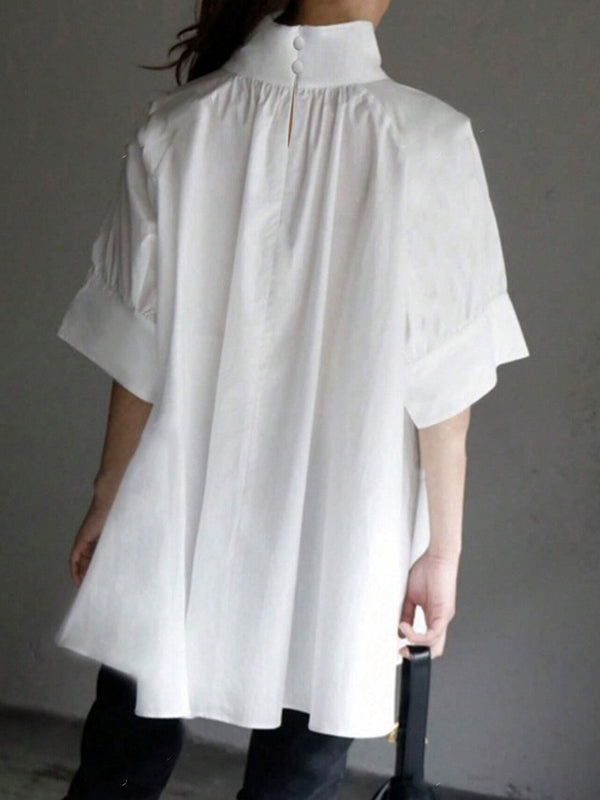 Half Sleeves Loose Solid Color High Neck Blouses&Shirts Tops