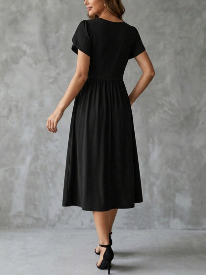 A-line High Waisted Contrast Color Flower Print Pleated Pockets Split-Joint Round-neck Midi Dresses