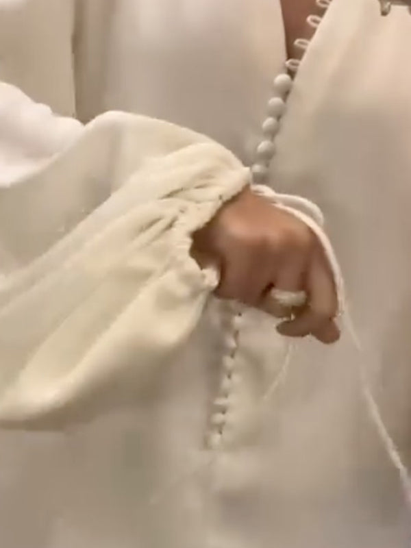 Loose Puff Sleeves Drawstring Solid Color Split-Joint V-Neck Maxi Dresses Shirt Dress