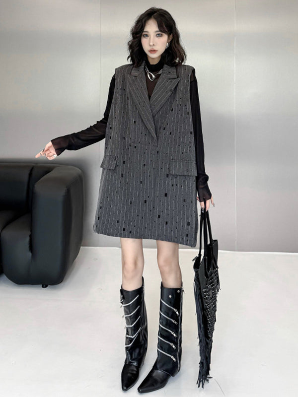 Loose Sleeveless Striped Lapel Vest Top