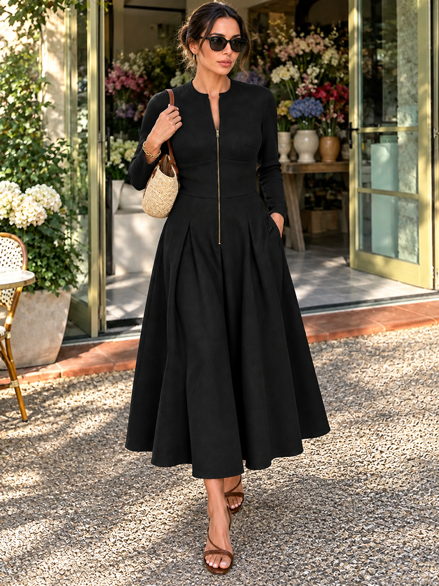 Zipper Solid Color Pockets Long Sleeves High Waisted Round-neck Maxi Dresses