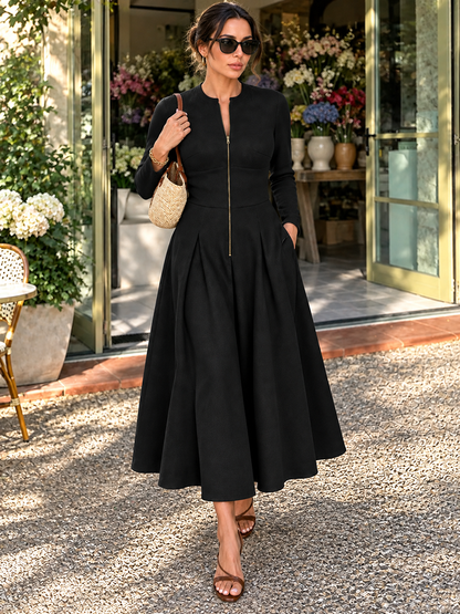 Zipper Solid Color Pockets Long Sleeves High Waisted Round-neck Maxi Dresses