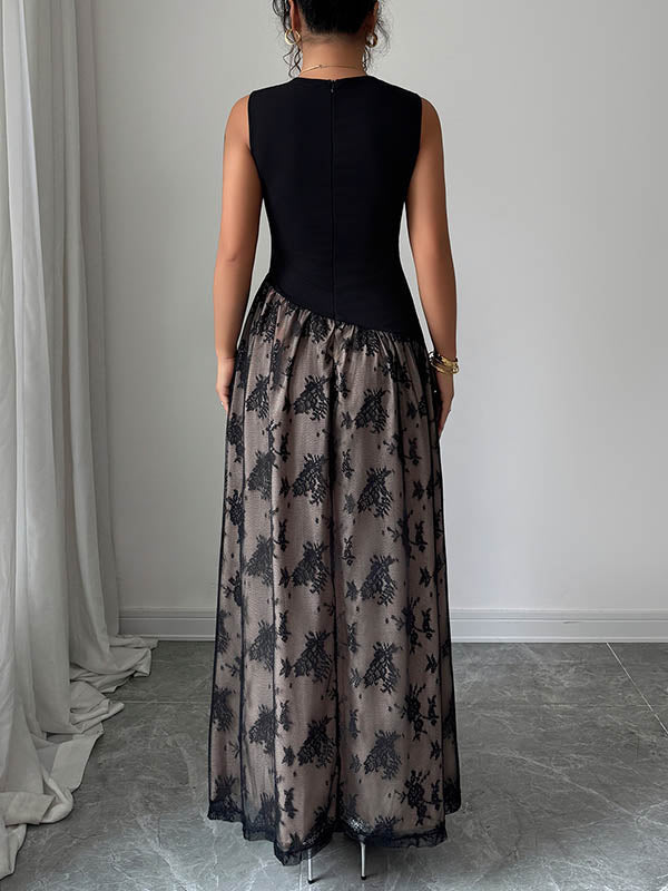 High Waisted Sleeveless Contrast Color Flower Print Split-Joint Zipper Square-Neck Maxi Dresses