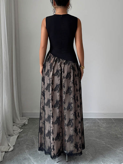 High Waisted Sleeveless Contrast Color Flower Print Split-Joint Zipper Square-Neck Maxi Dresses