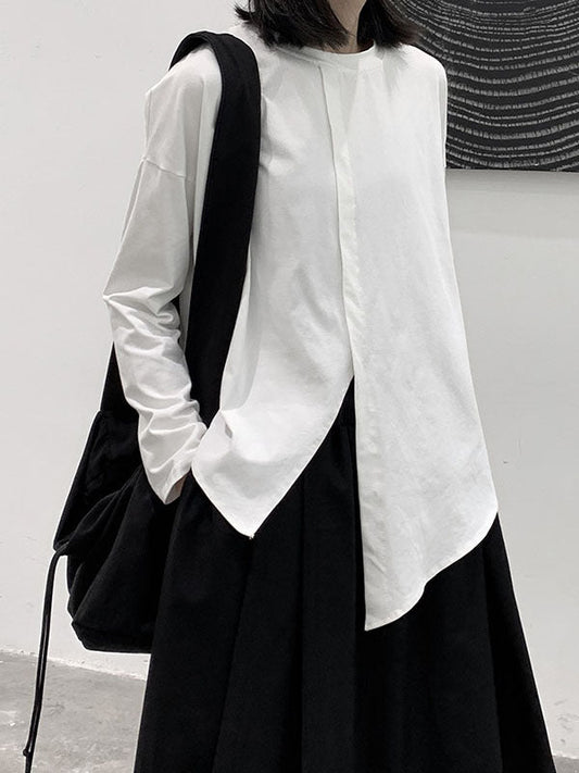 Langärmlige, lockere, asymmetrische, einfarbige T-Shirts mit geteilter Vorderseite und geteiltem Gelenk und Rundhalsausschnitt 