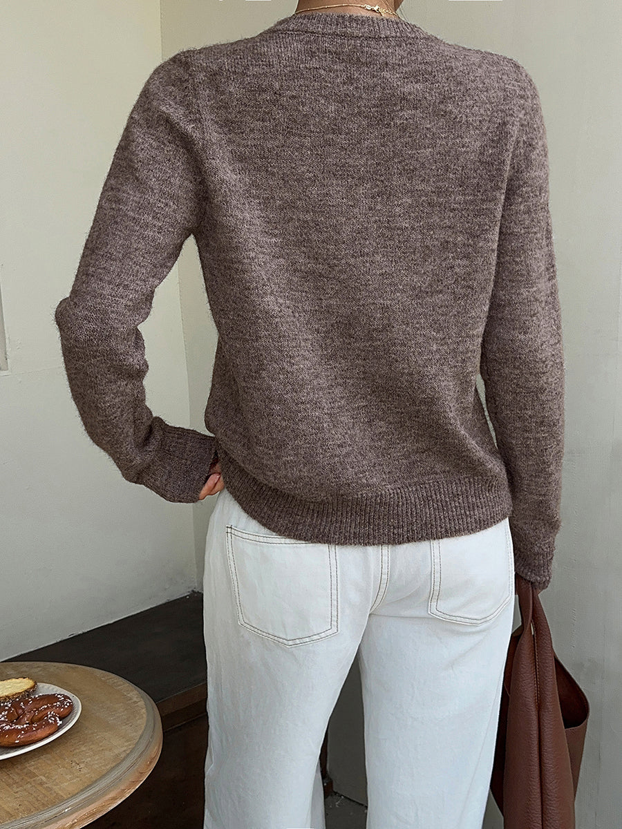 Solid Color Buttoned Long Sleeves Round-neck Cardigan Tops