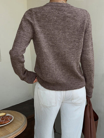 Solid Color Buttoned Long Sleeves Round-neck Cardigan Tops