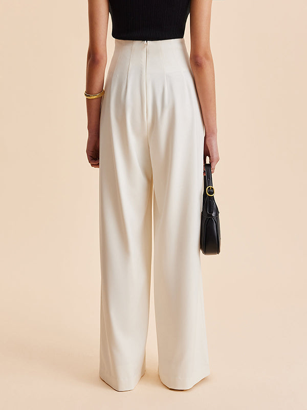 High Waisted Loose Buttoned Pleated Solid Color Pants Trousers