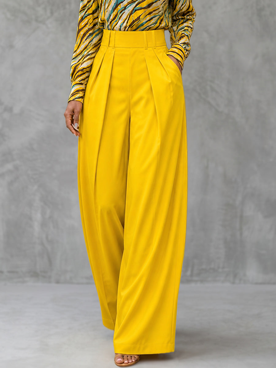 Solid Color Pockets Pleated No Belt Wide Leg Loose Trousers Pants（No belt）