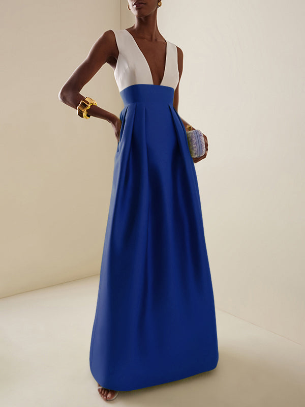 A-Line High Waisted Contrast Color Pleated Zipper Deep V-Neck Maxi Dresses