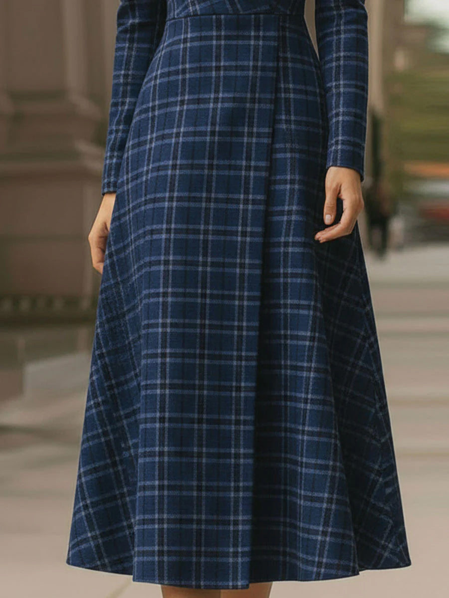 A-Line High Waisted Plaid Pleated Deep V-Neck Maxi Dresses