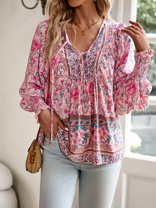 Long Sleeves Loose Contrast Color Drawstring Flower Print Pleated Split-Joint V-Neck Blouses&Shirts Tops