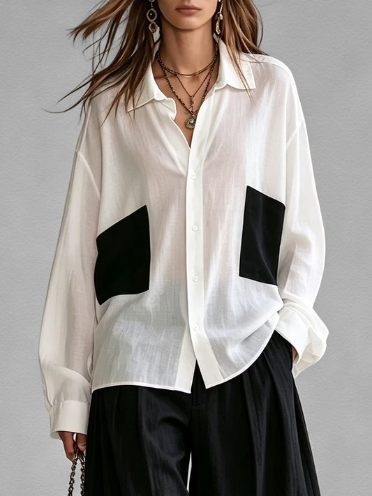Split-Joint See-Through Contrast Color Buttoned Loose Long Sleeves Lapel Blouses&shirts Tops