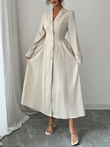 A-Line High Waisted Buttoned Pleated Solid Color Split-Joint Notched Collar Maxi Dresses Shirt Dress