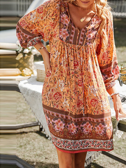 A-Line Loose Contrast Color Flower Print Pleated V-Neck Mini Dresses