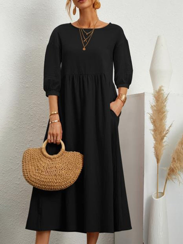 Robe mi-longue unie à col rond et simple, 11 couleurs 