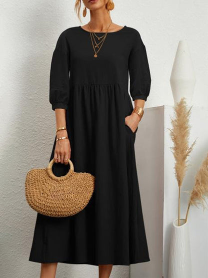 Robe mi-longue unie à col rond et simple, 11 couleurs 