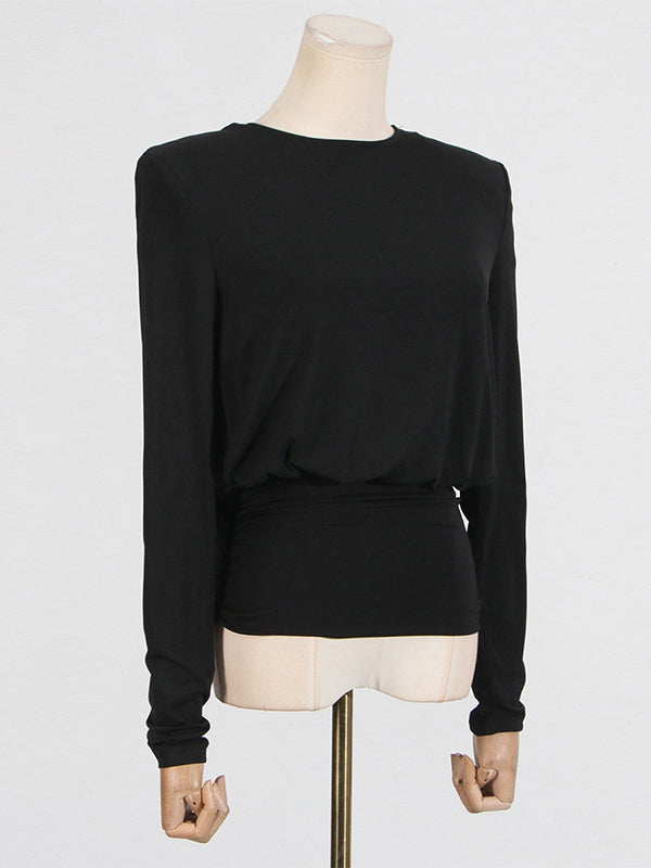 Long Sleeves Backless Shoulder Pad Solid Color Round-Neck Blouses&Shirts Tops