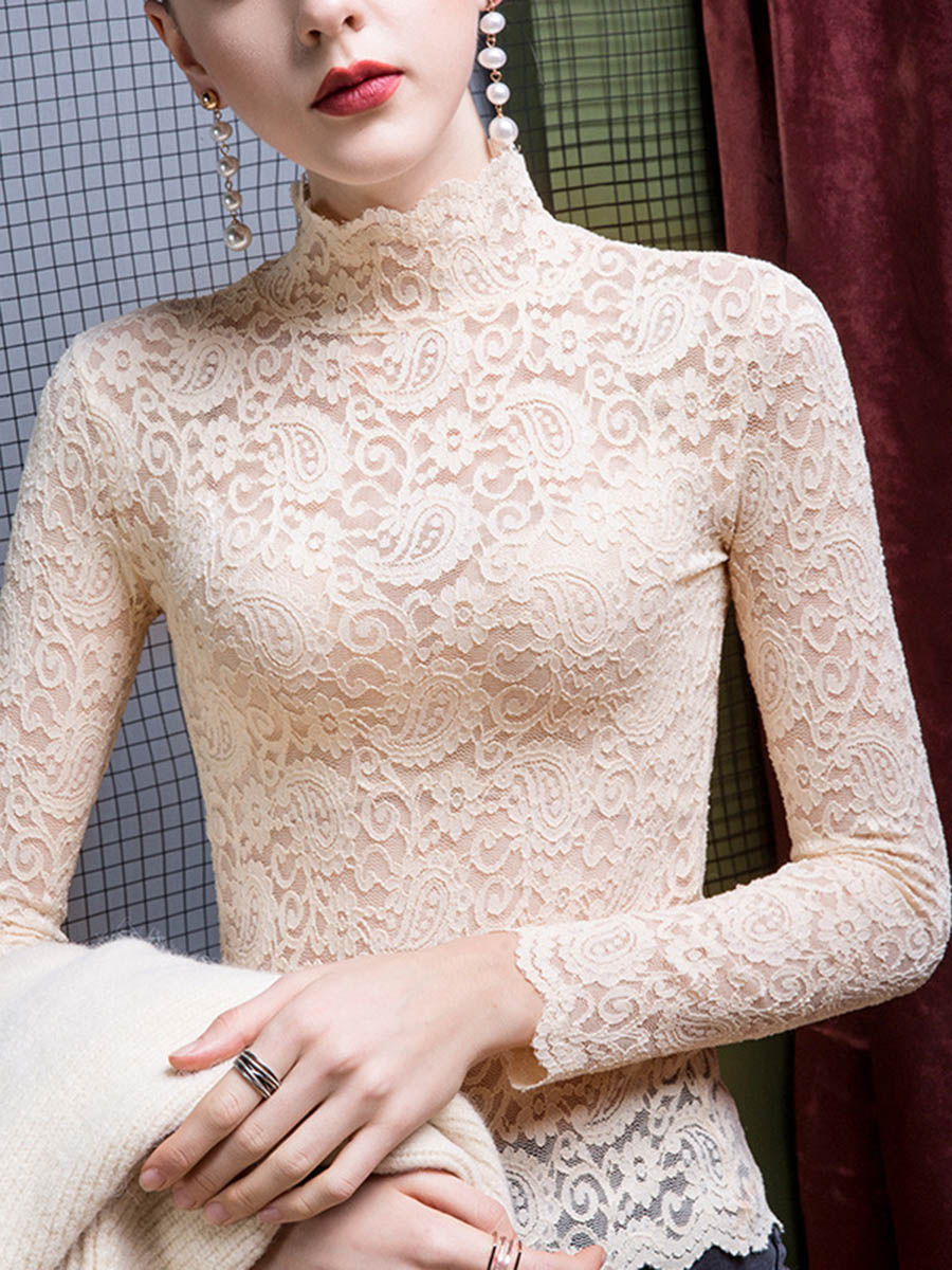 See-Through Jacquard Skinny Plus Size Mock Neck T-Shirts Tops