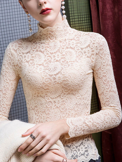 See-Through Jacquard Skinny Plus Size Mock Neck T-Shirts Tops