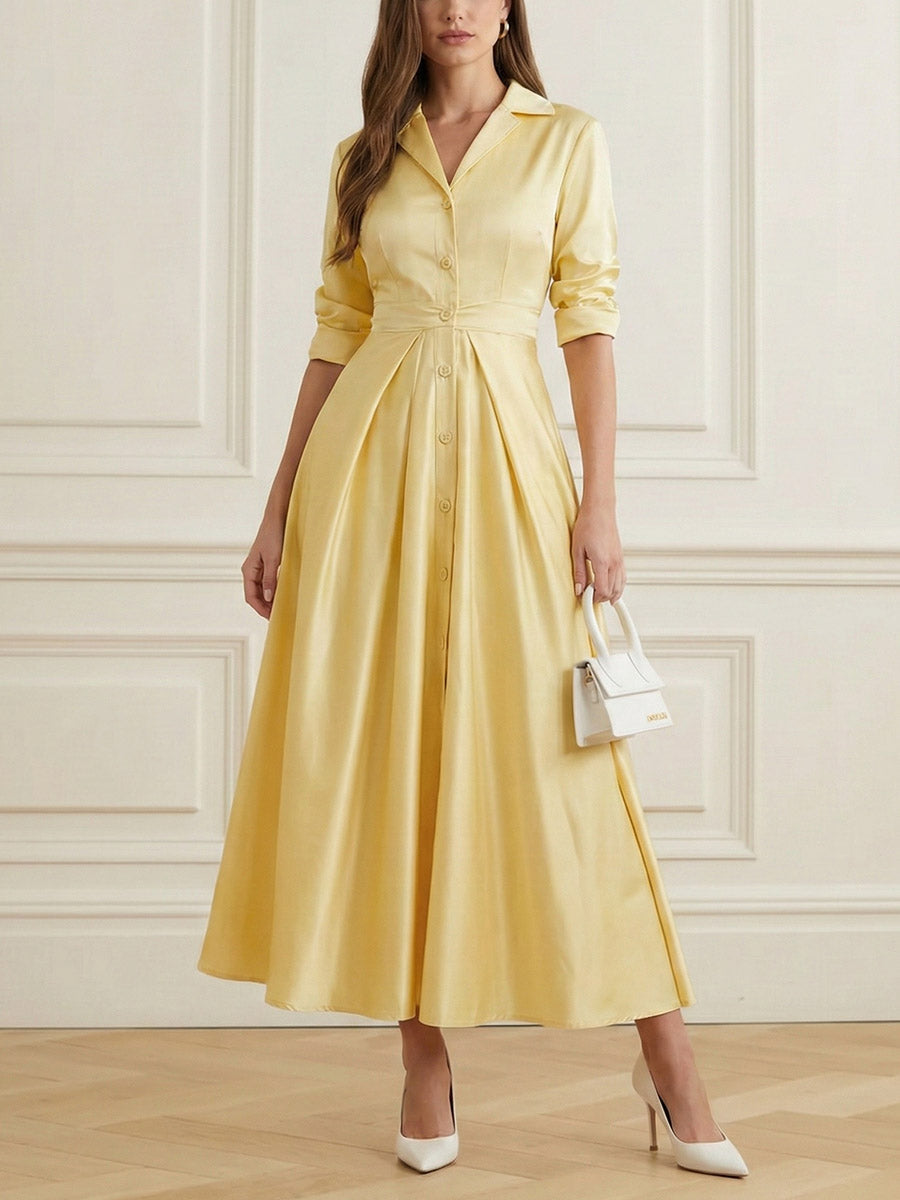 A-Line Elasticated Waist Buttoned Pleated Solid Color Split-Joint Notched Collar Blazer Maxi Dresses
