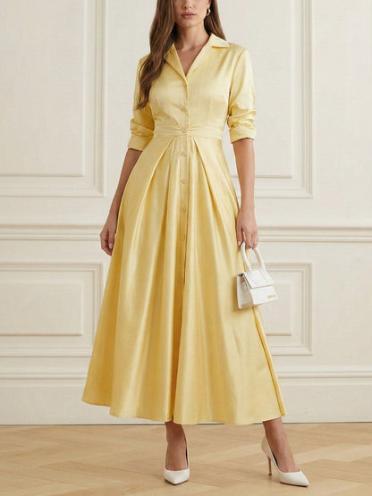 A-Line Elasticated Waist Buttoned Pleated Solid Color Split-Joint Notched Collar Blazer Maxi Dresses