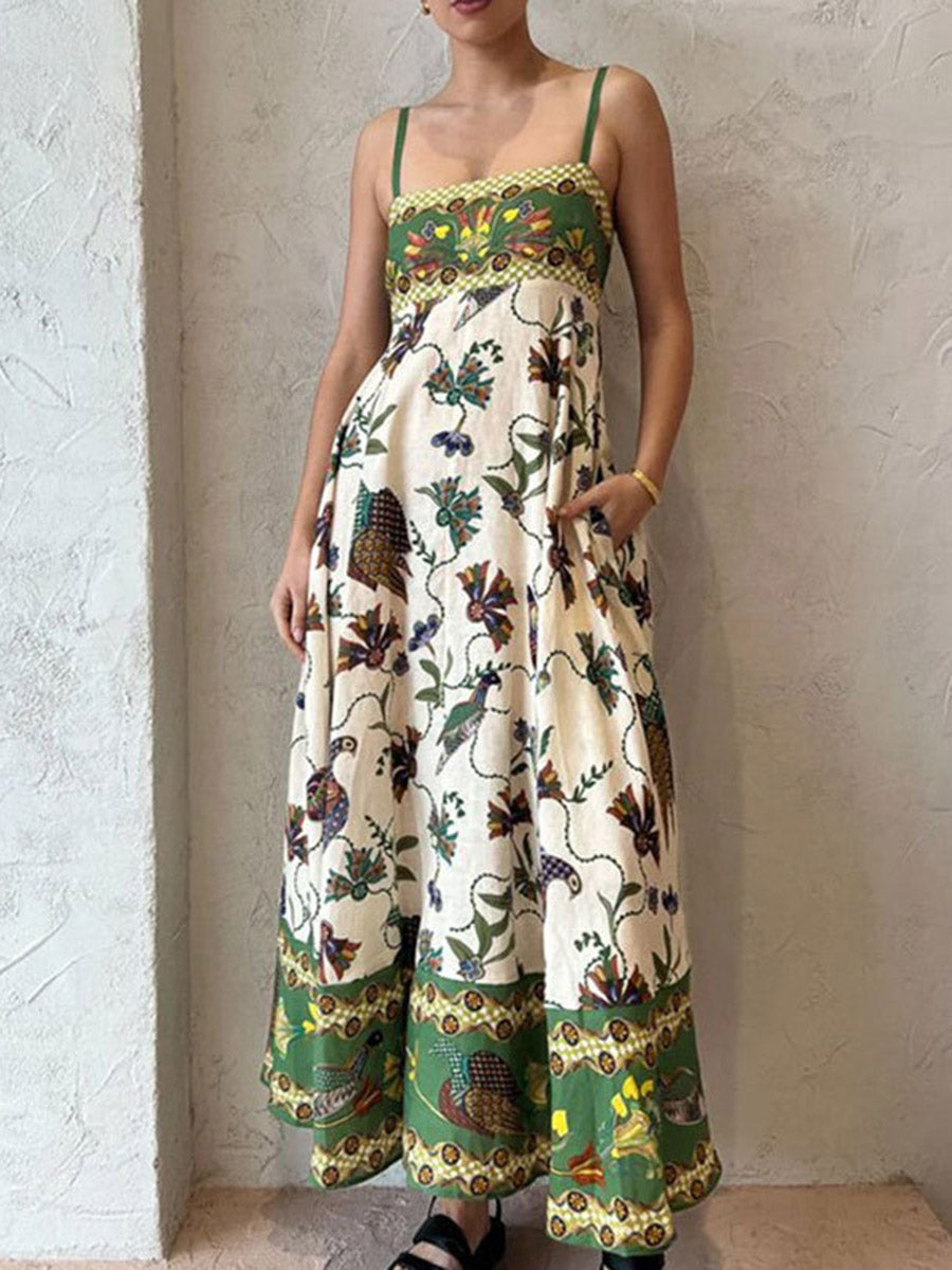 A-Line High Waisted Contrast Color Pleated Printed Split-Joint Spaghetti-Neck Midi Dresses