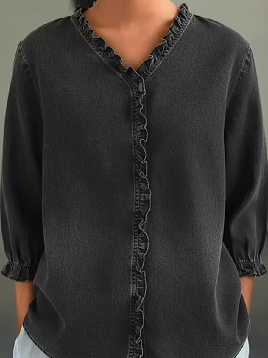 Long Sleeves Loose Pleated Ruffled Solid Color Split-Joint V-Neck Blouses&Shirts Tops