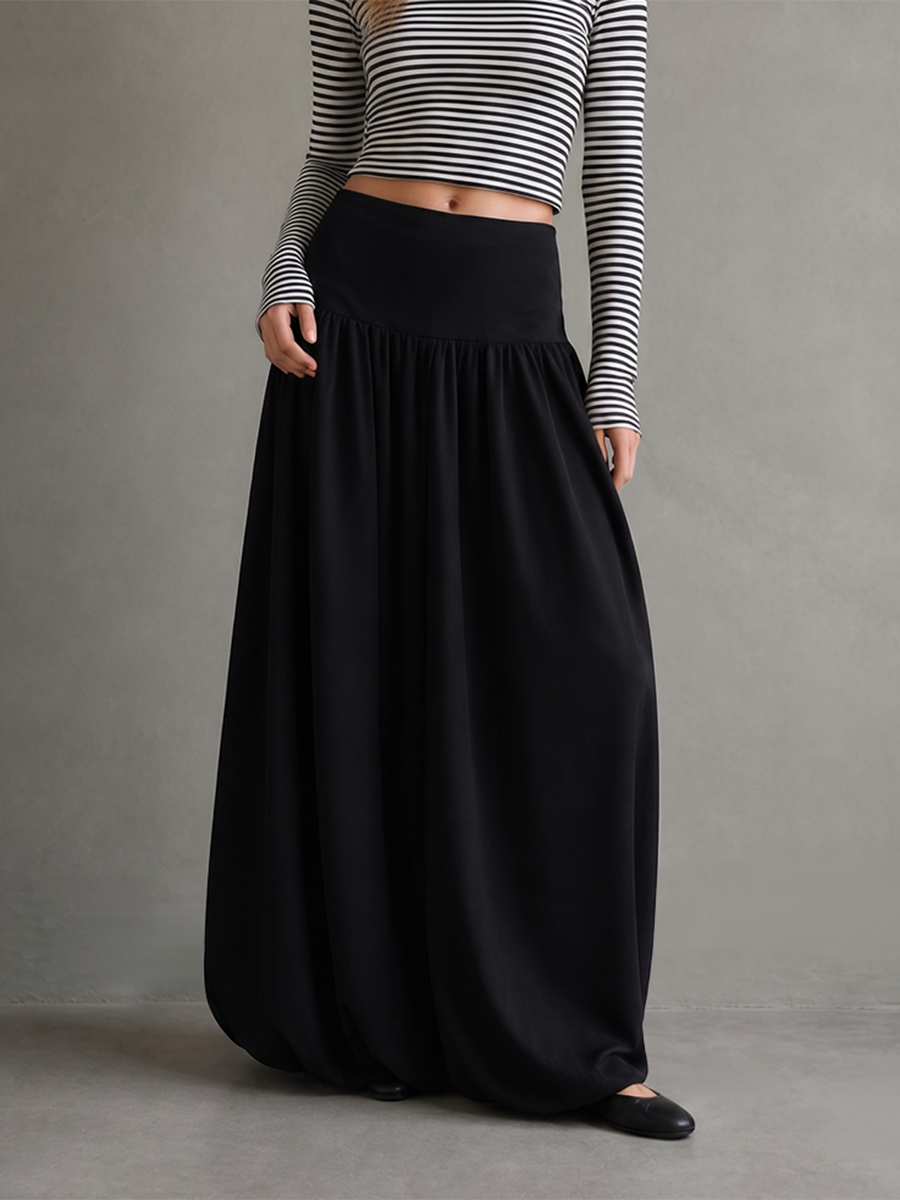 Solid Color Pleated Elasticity Loose High Waisted Skirts Bottoms