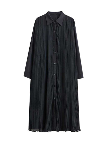 A-Line Long Sleeves Buttoned Pleated Pockets Split-Joint Lapel Midi Dresses Shirt Dress