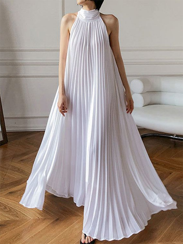 Loose Pleated Solid Color Stand Collar Maxi Dresses