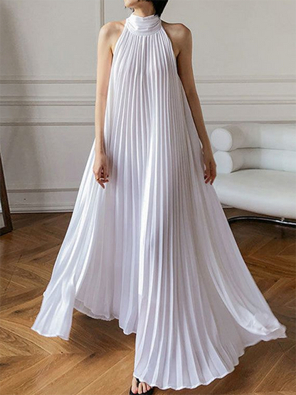 Loose Pleated Solid Color Stand Collar Maxi Dresses