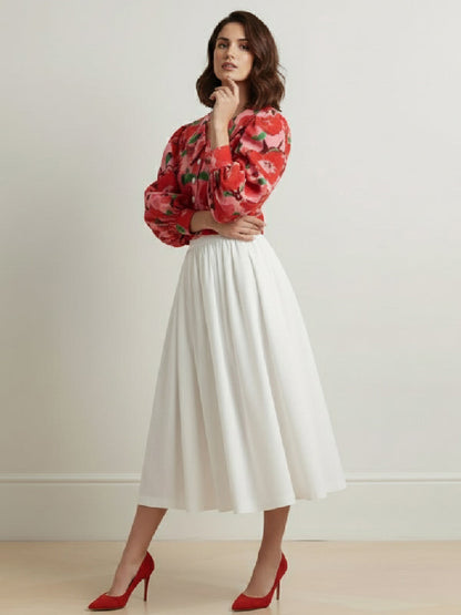 Long Sleeves Puff Sleeves Buttoned Flower Print Lapel Blouses&Shirts Tops