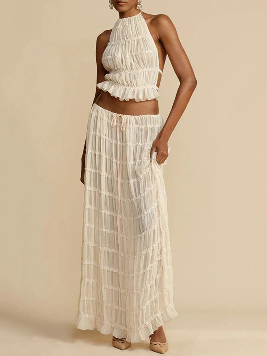 Pleated Solid Color Textured Halter-Neck Cropped Backless Ruffled Tank Top + Tied Waist High Waisted Skirts Bottoms Two Pieces Set