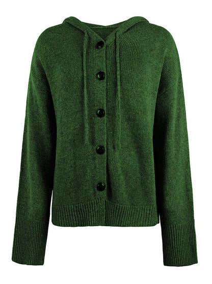Cardigan boutonné à capuche de couleur unie 