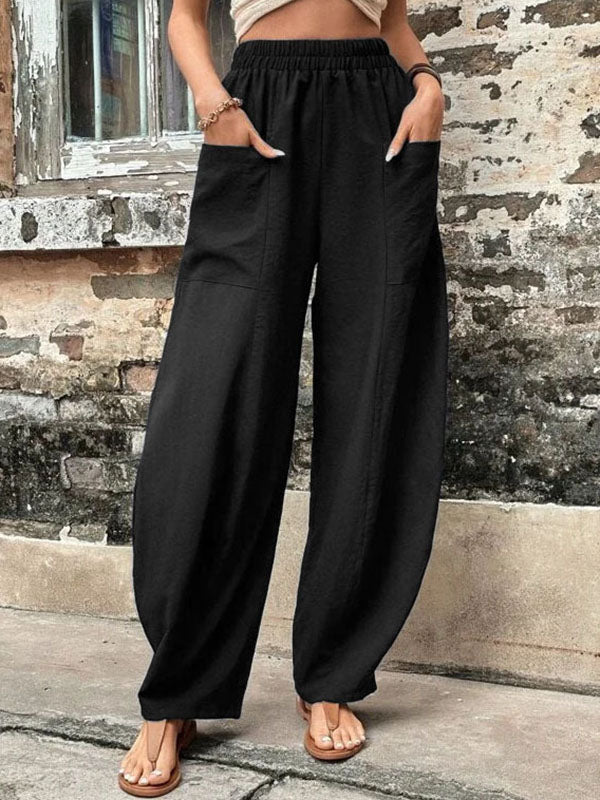 Pantalon ample grande taille avec poches élastiques et couleur unie 