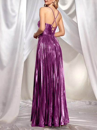 High Waisted Sleeveless Backless Hollow Pleated Shiny Solid Color Halter-Neck Maxi Dresses