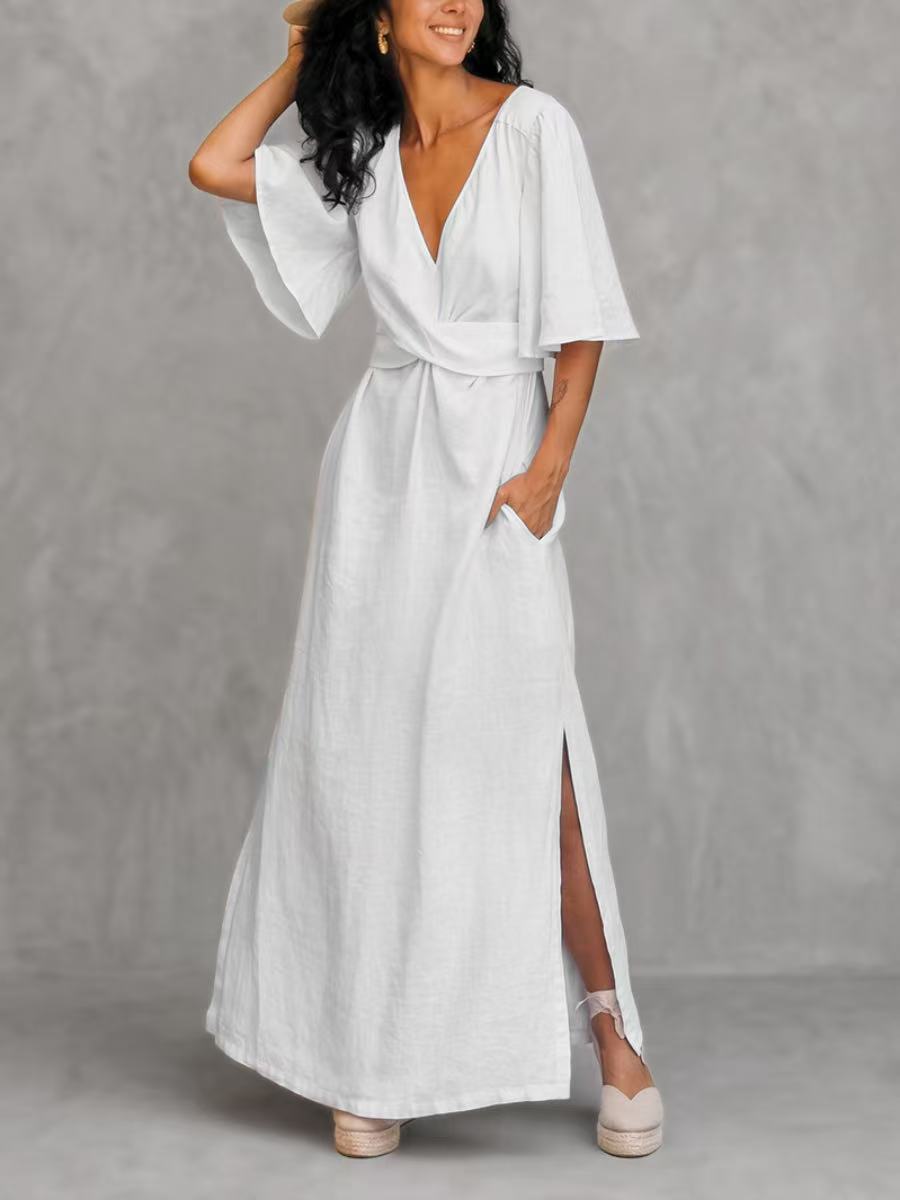 A-Line Flared Sleeves Interlace Pleated Pockets Solid Color Split-Joint Split-Side Deep V-Neck Maxi Dresses