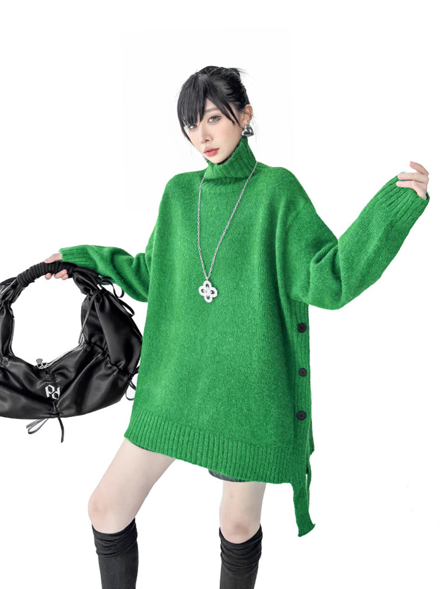 Irregularity Long Sleeves Buttoned Ribs Solid Color Split-Joint High Neck Sweater Tops