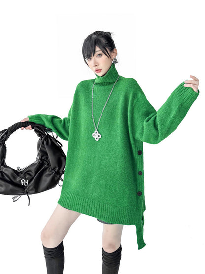 Irregularity Long Sleeves Buttoned Ribs Solid Color Split-Joint High Neck Sweater Tops