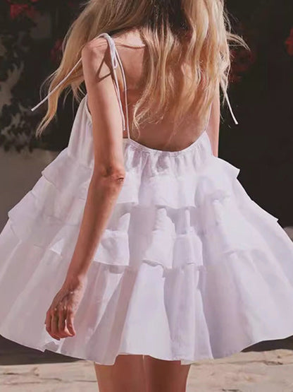 A-Line High Waisted Backless Layered Pleated Solid Color Spaghetti-Neck Mini Dresses