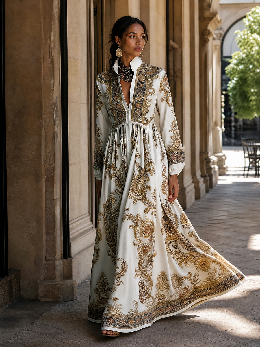 Split-Joint Printed Pockets Pleated Contrast Color Buttoned Plus Size Loose Stand Collar Maxi Dresses
