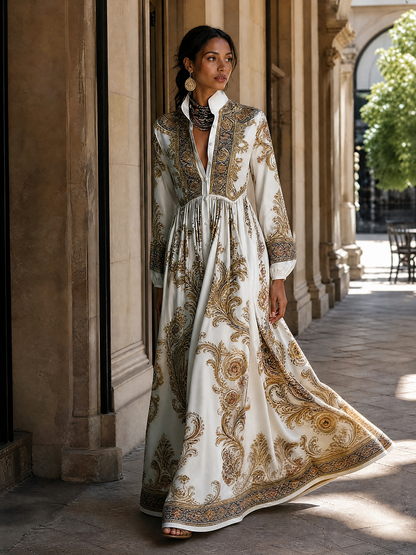 Split-Joint Printed Pockets Pleated Contrast Color Buttoned Plus Size Loose Stand Collar Maxi Dresses