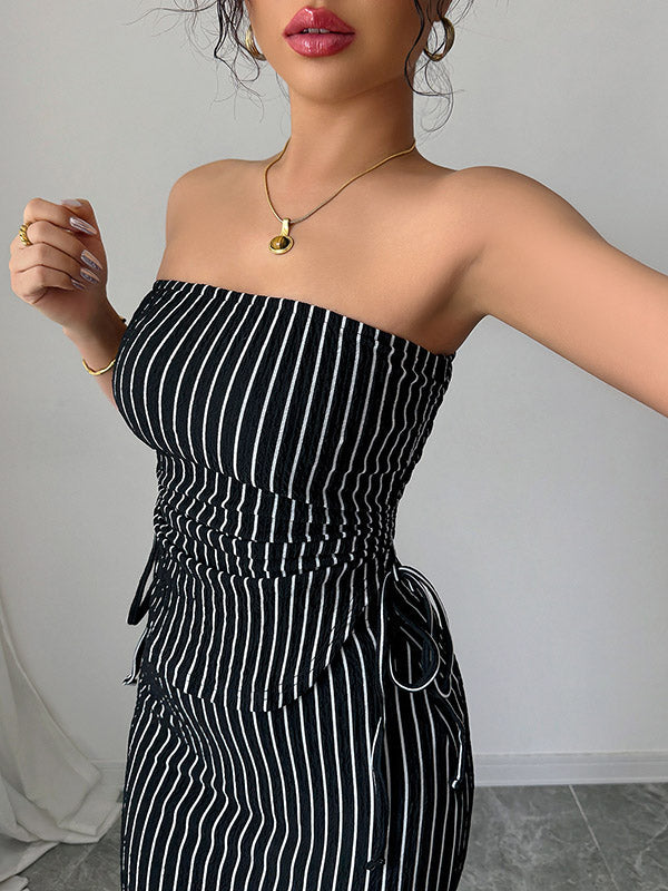 Sleeveless Contrast Color Striped Tube Top + Split-Side Drawstring Bodycon Skirts Bottom Two Pieces Set