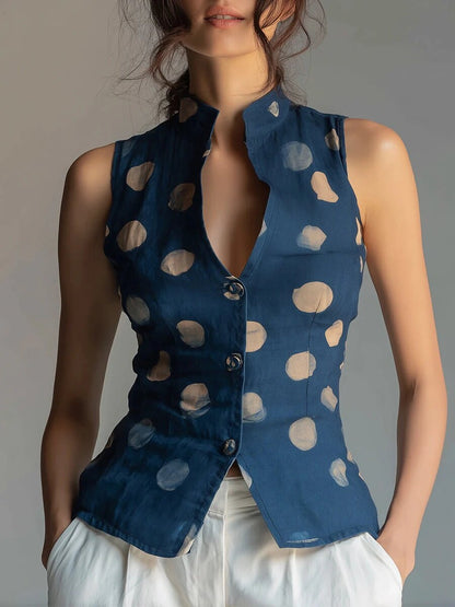 Sleeveless Buttoned Polka-Dot Stand Collar Vest Top