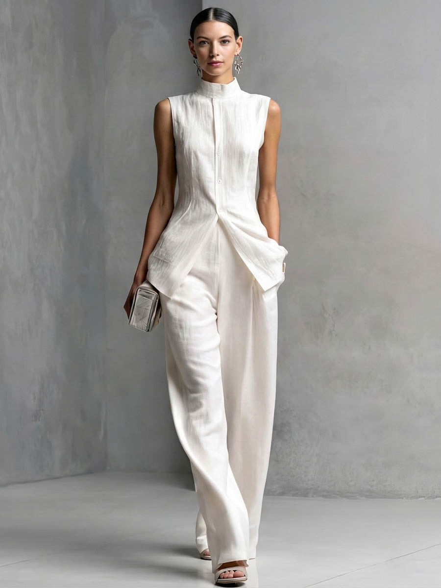 Loose Sleeveless Buttoned Solid Color Stand Collar Vest Top