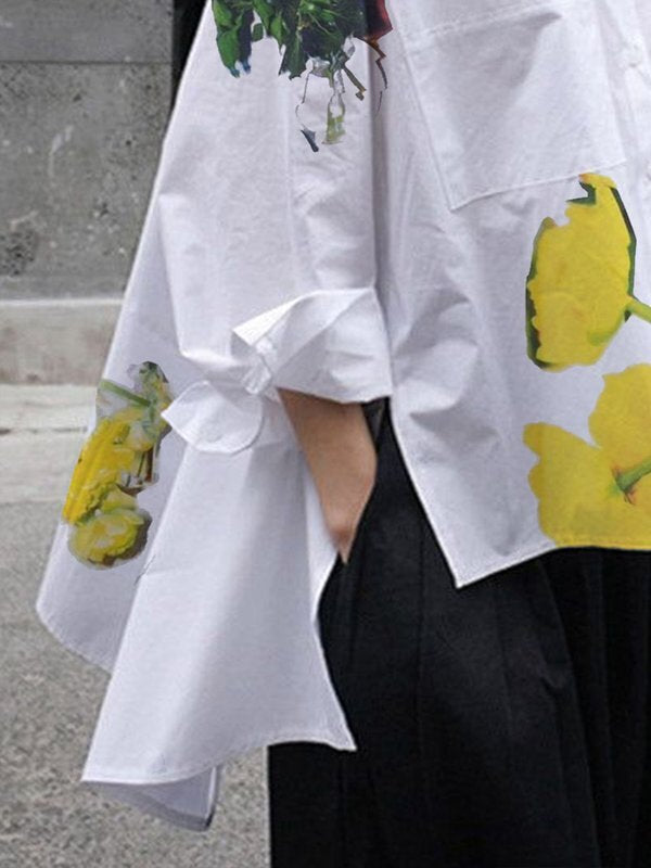 Chemisiers et chemises à manches longues, boutonnés, imprimés de fleurs, poches, col montant fendu sur le côté 