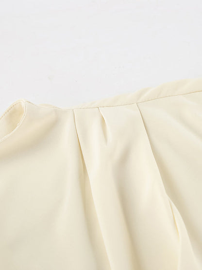 Flared Sleeves Long Sleeves Pleated Solid Color Zipper Stand Collar Blouses&Shirts Tops