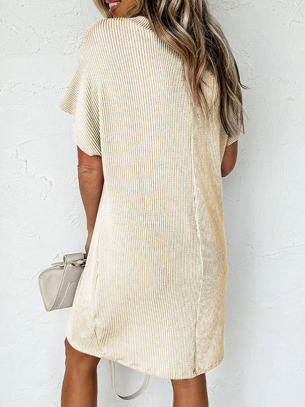 A-Line Loose Contrast Color Pockets Split-Joint Striped Round-Neck Mini Dresses